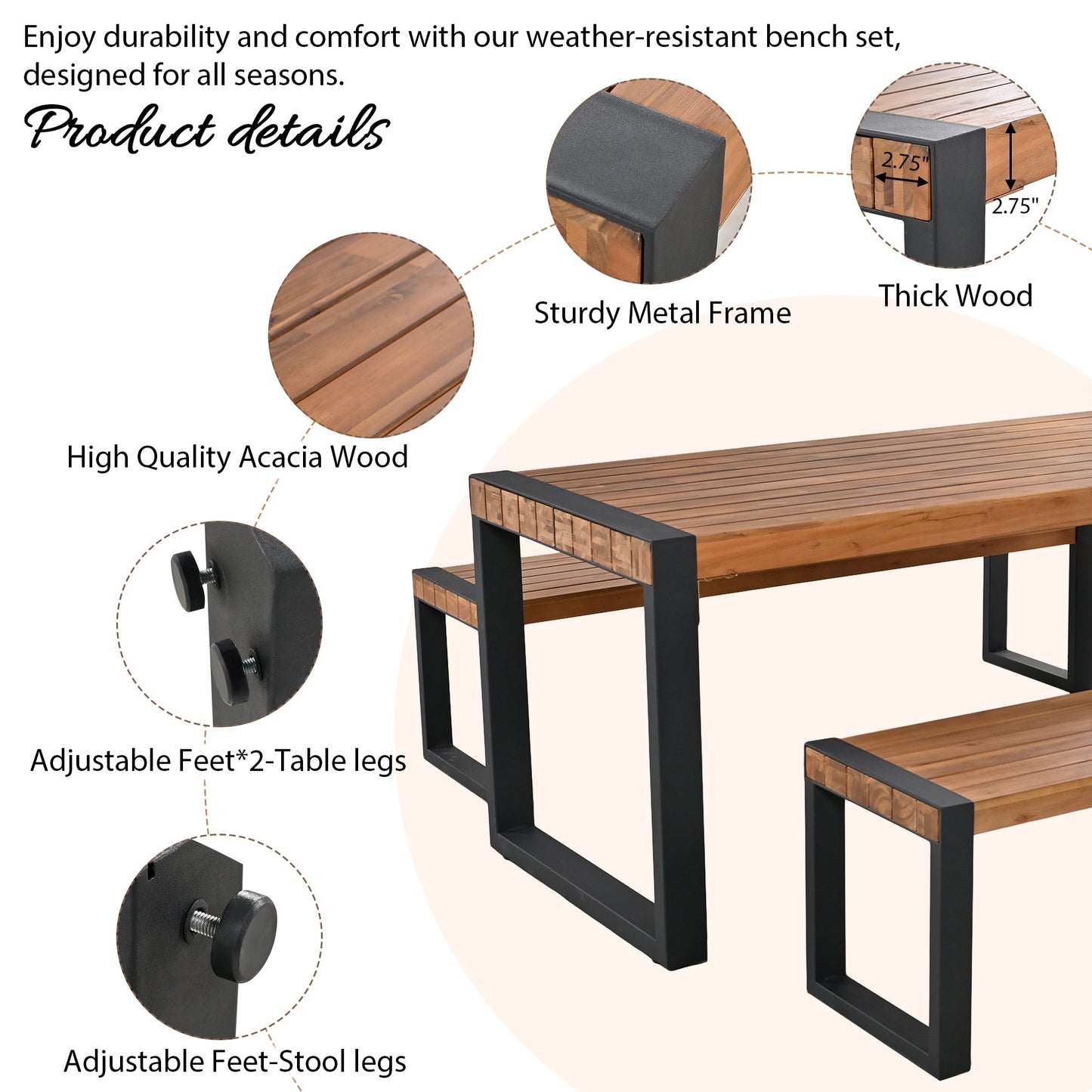 3-Pieces Outdoor Dining Table With 2 Benches, Patio Dining Set With Unique Top Texture, Acacia Wood Top & Steel Frame