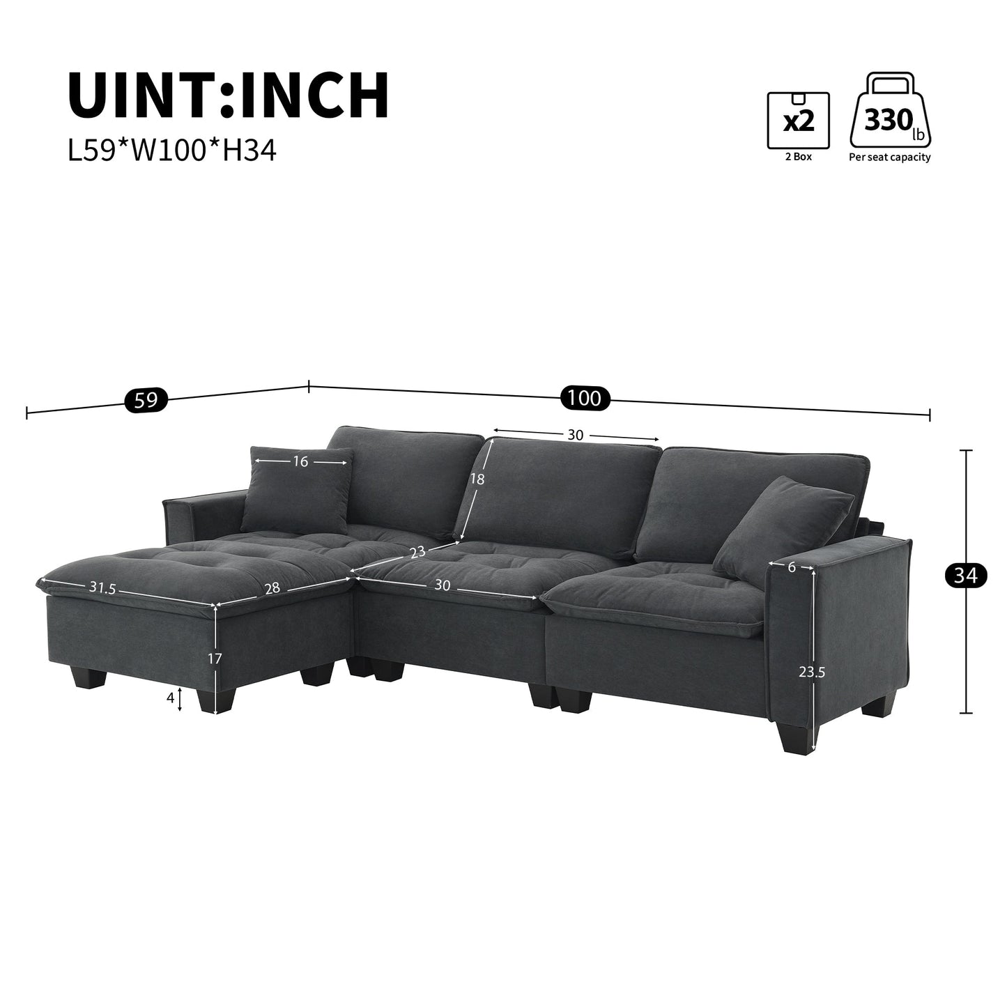 100*59" Modern Convertible Sectional Sofa,L-Shaped Reversible Couch Set With Free Pillows,4 Seat Suede Velvet Sleeper Sofa