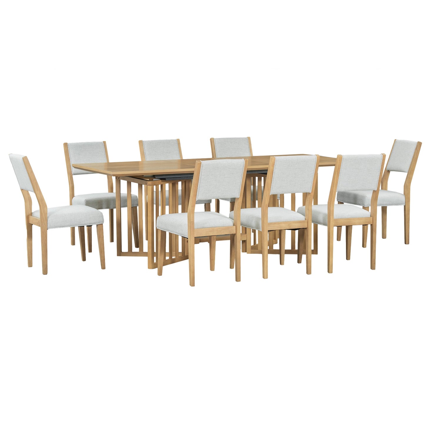 Farmhouse 9-Piece 83.9inch Extendable Dining Table Set With 2 12-Inch Removable Leaves and 8 Upholstered Dining Chairs,