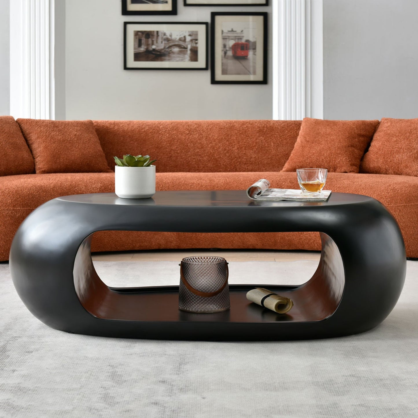 53.93'' Modern Oval Coffee Table, Sturdy Fiberglass Center Cocktail Table Tea Table for Living Room, BLACK, No Need Assemble