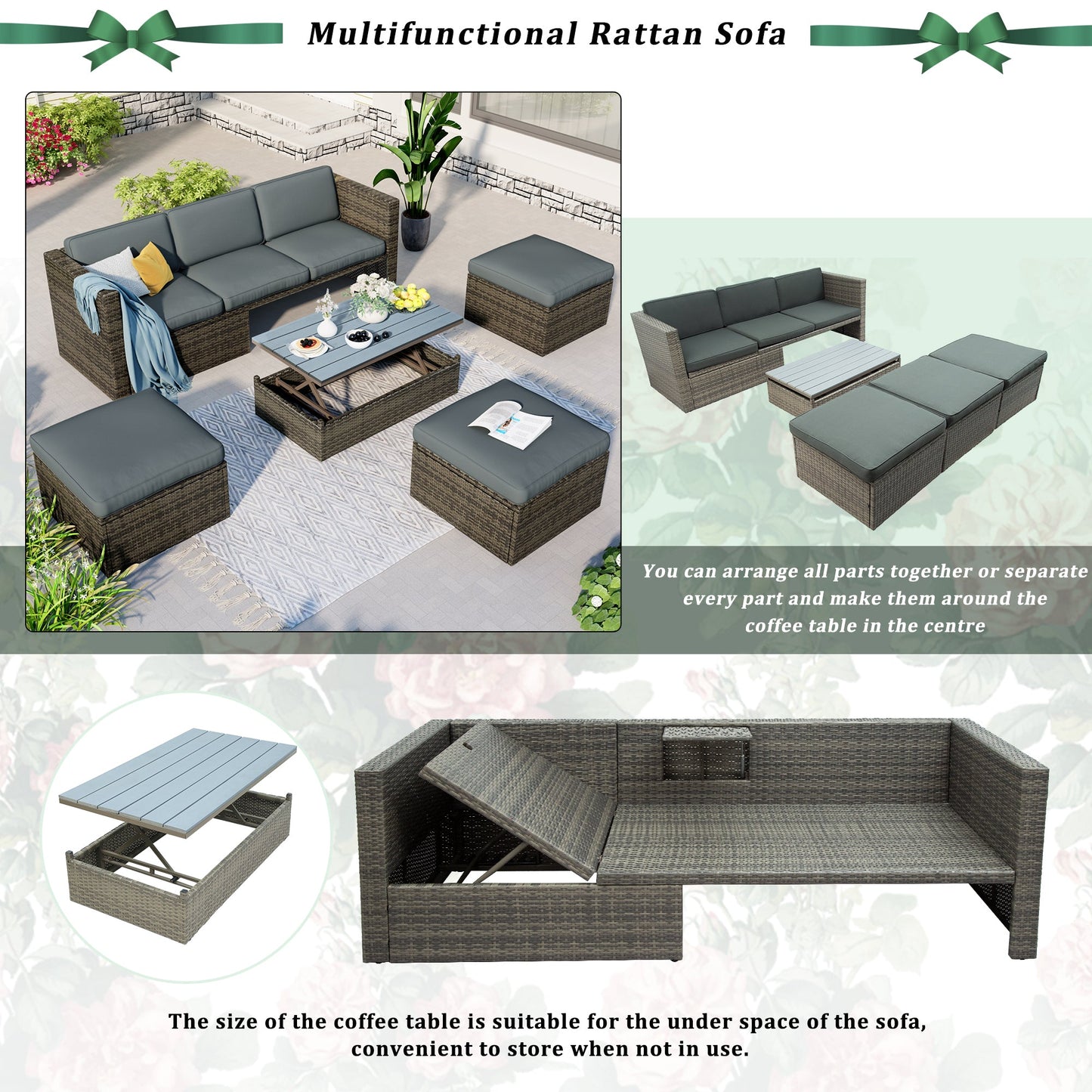 Patio Furniture Sets, 5-Piece Patio Wicker Sofa With Adustable Backrest, Cushions, Ottomans and Lift Top Coffee Table