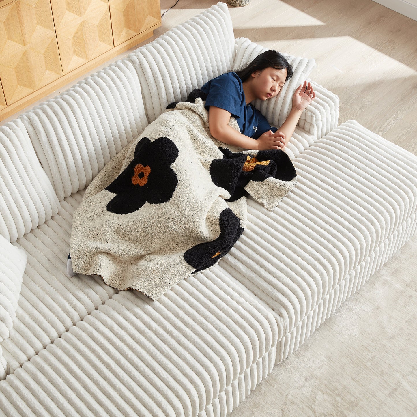 84Inch Corduroy 3-Seater Sofa With 3 Back Pillows ,2 Toss Pillows , a Ottoman ,2storage Spaces and Cup-Holding Grooves