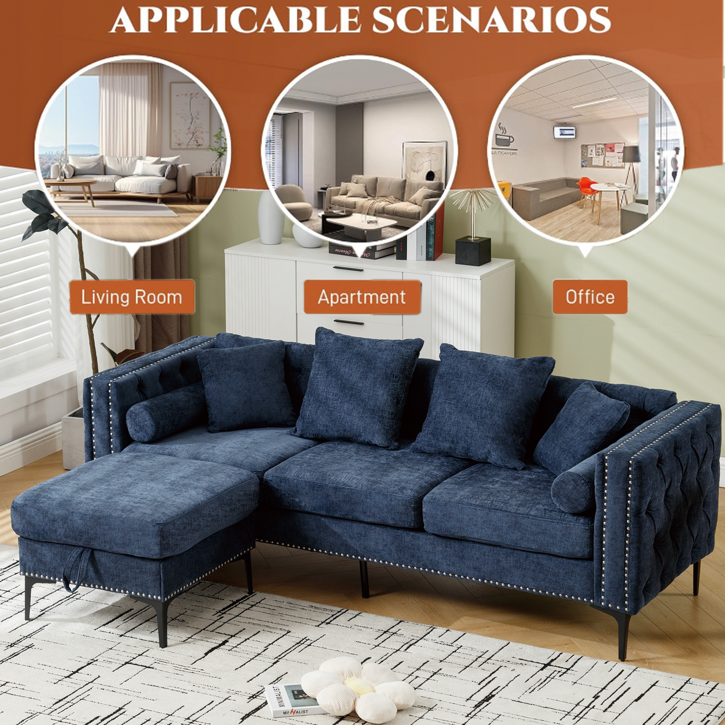 L Shaped Sectional Sofa , Convertible Storage Ottoman,Chenille ,Square Arm, Modern Tufted Couch ,3 Seater