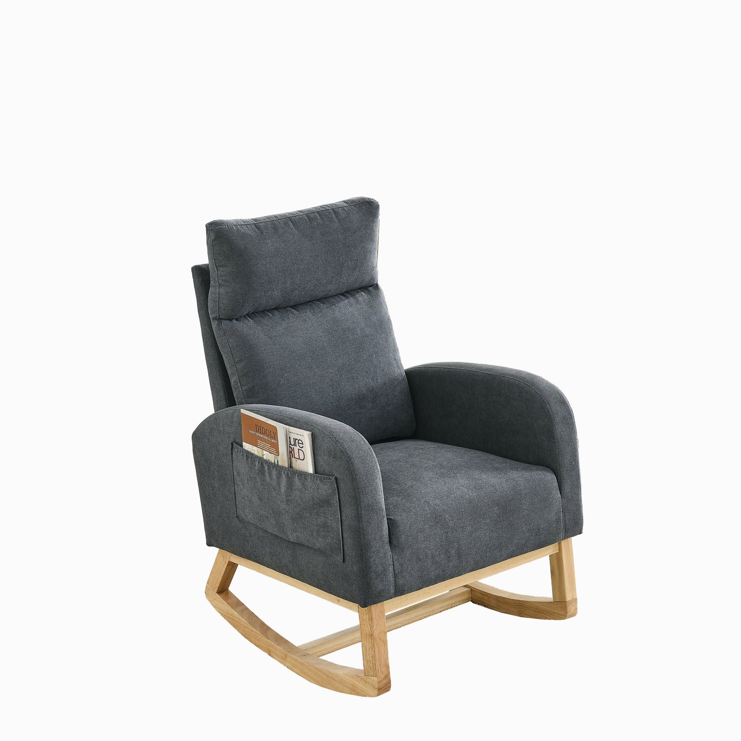 Modern Accent High Backrest Living Room Lounge Arm Rocking Chair, Two Side Pocket