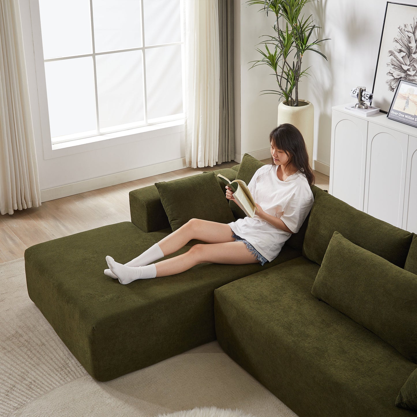 Modern Chenille Upholstered Sectional Sofa Couch Set,Modular 108" L Shaped Sectional Living Room Sofa Set With 6 Pillows