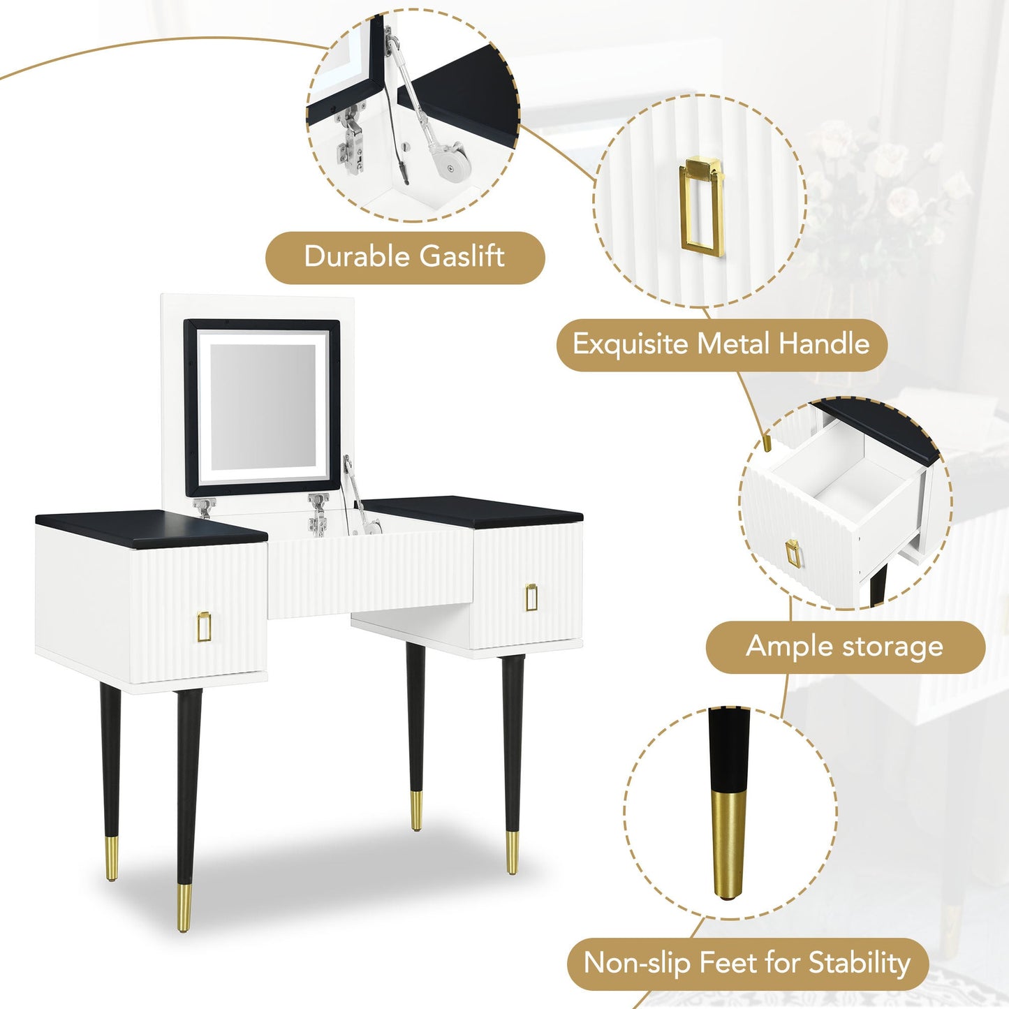 43.3" Modern Vanity Table Set With Flip-Top Mirror and LED Light, Dressing Table With Customizable Storage
