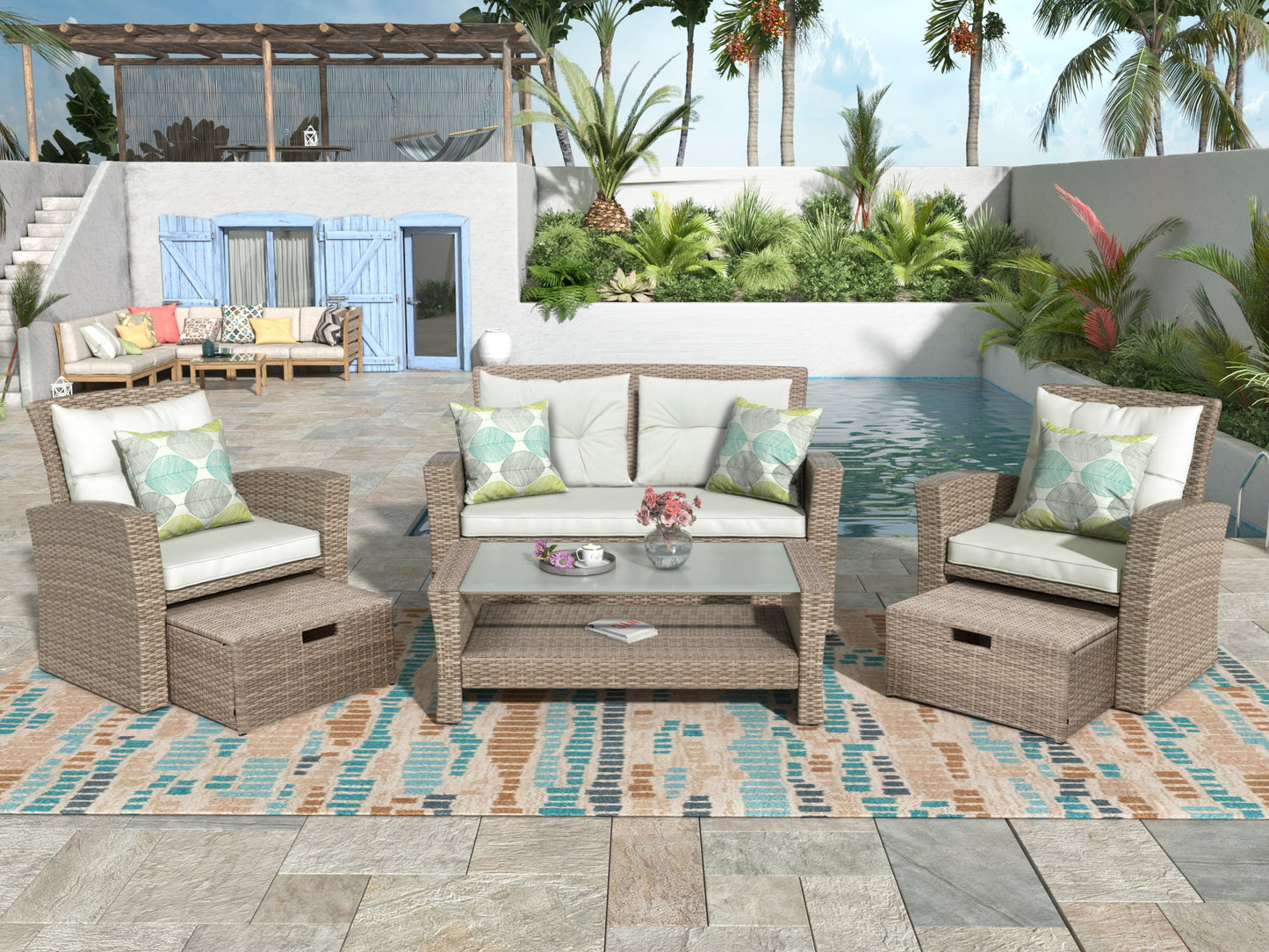 Patio Furniture Set, 4 Piece Outdoor Conversation Set All Weather Wicker Sectional Sofa With Ottoman and Cushions