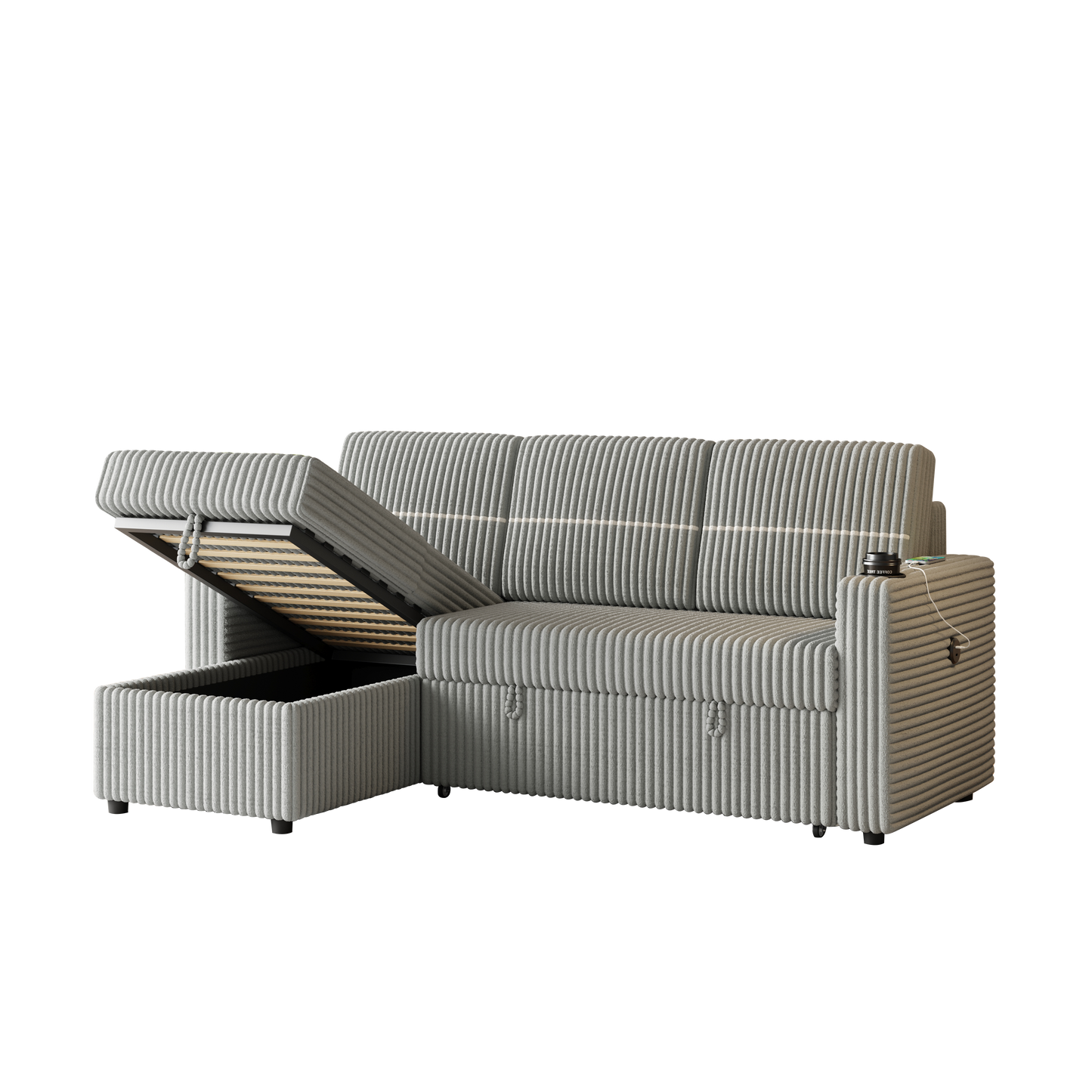 85 Inches Corduroy Sofa Bed, 3 Seater Sleeper Sofa With Storage Chaise, Square Handrail With Two Cup-Holder and USB Charger