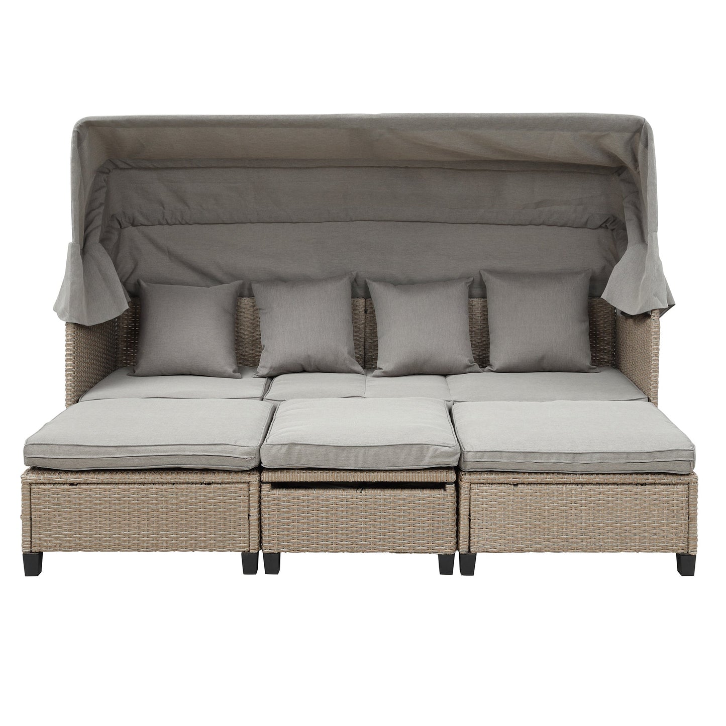 4 Piece UV-Proof Resin Wicker Patio Sofa Set With Retractable Canopy, Cushions and Lifting Table,Brown