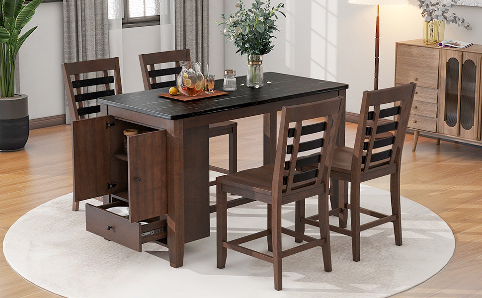 Counter Height 5-Piece Dining Table Set With Faux Marble Tabletop, Solid Wood Table Set With Storage Cabinet and Drawer