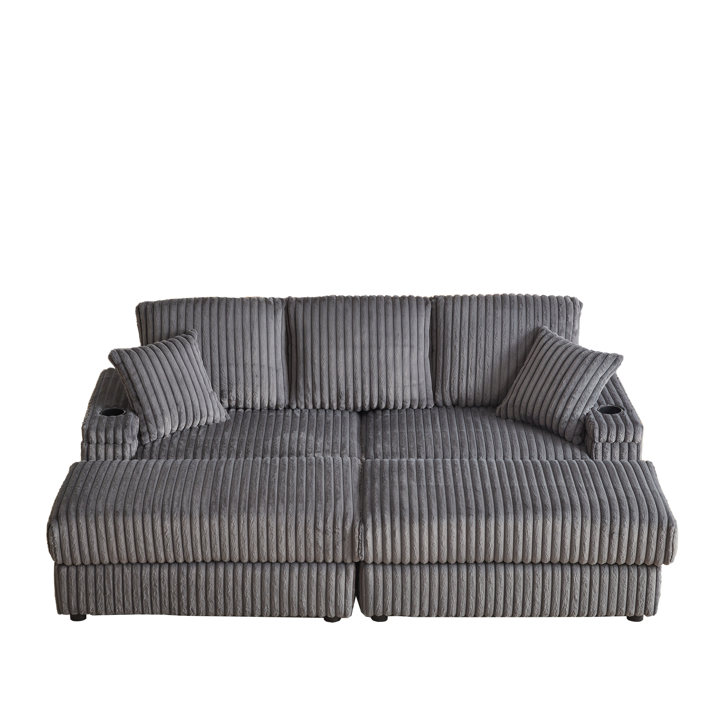 84Inch Corduroy 3-Seater Sofa With 3 Back Pillows ,2 Toss Pillows , a Ottoman ,2storage Spaces and Cup-Holding Grooves