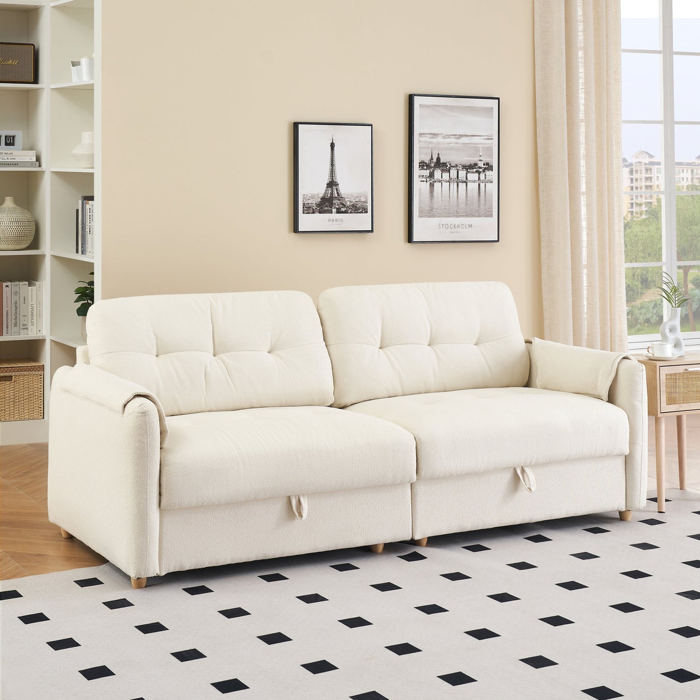 79.50 Inches Long, Teddy Cotton Linen Sofa Fabric, With Metal Conical Long Legs, Metal Strip Matching, Stylish