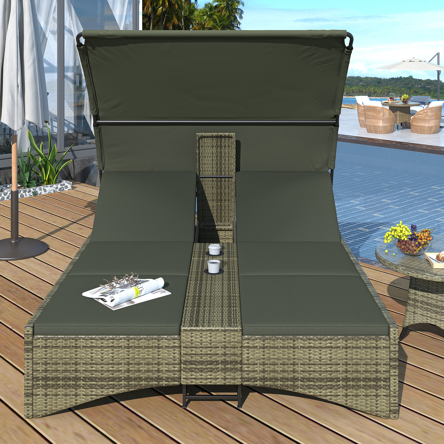 Patio Daybed Outdoor Daybed Outdoor Rattan Sun Lounger With Shelter Roof With Adjustable Backrest, Storage Box