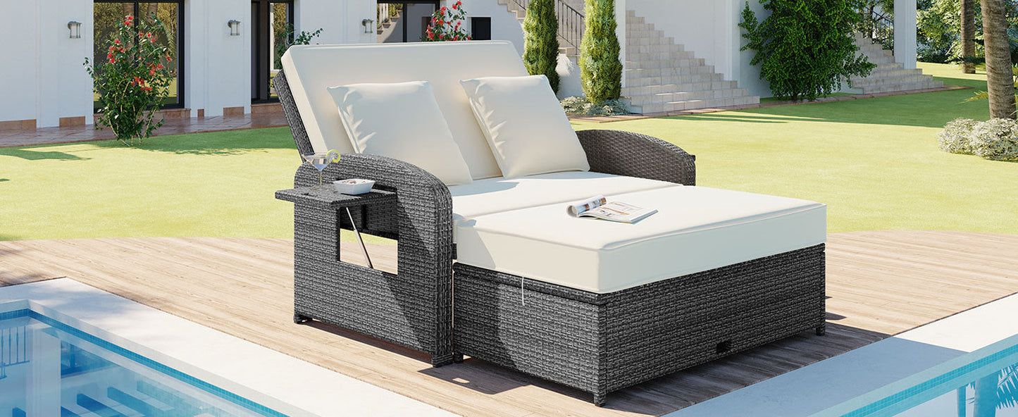 PE Wicker Rattan Double Chaise Lounge, 2-Person Reclining Daybed With Adjustable Back and Cushions