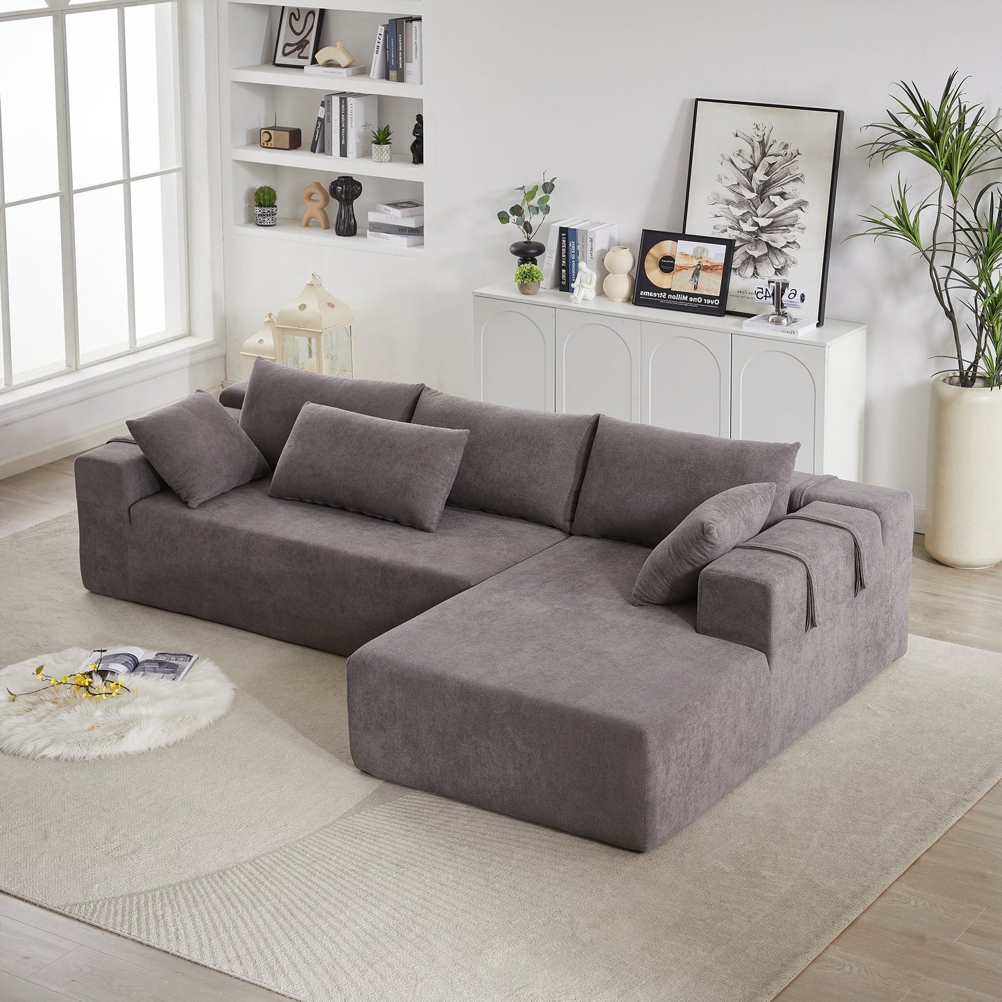 Modern Chenille Upholstered Sectional Sofa Couch Set,Modular 108" L Shaped Sectional Living Room Sofa Set With 6 Pillows