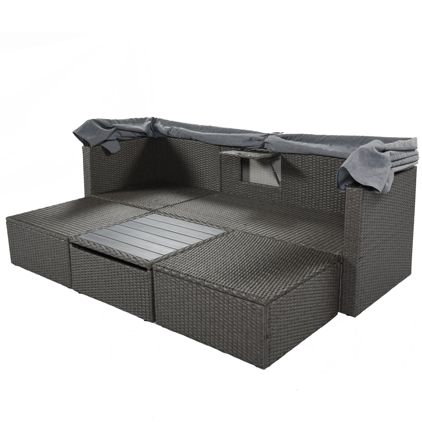 Outdoor Patio Rectangle Daybed With Retractable Canopy, Wicker Furniture Sectional Seating With Washable Cushions