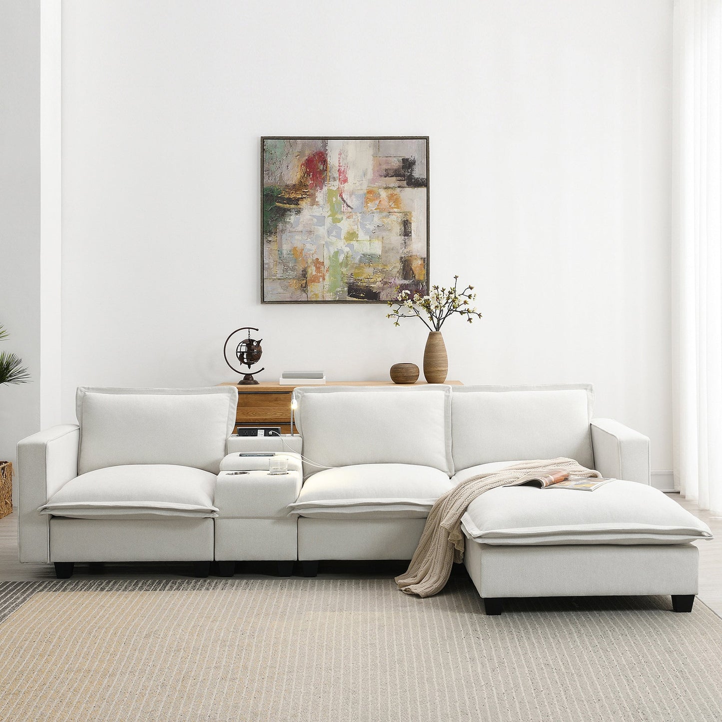 109*57" Modern Sectional Cloud Sofa With Console,USB Charger,Reading Light,Cup Holder,Wide Seat,4 Seat Chenille Modular