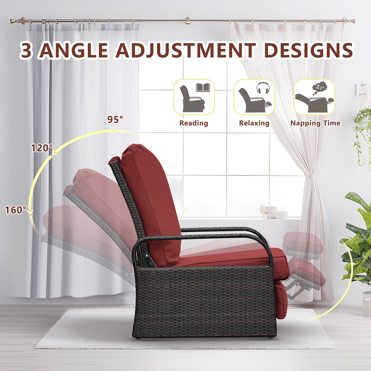 Outdoor Recliner Chair; Automatic Adjustable Wicker Lounge Recliner Chair With 5.12'' Thicken Cushion