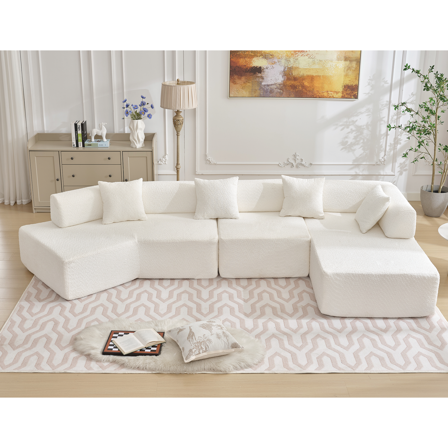 Modern Minimalist 140" L-Shape Couch ,No Assembly Required,Boucle,Modular Sofa ,Couch With Chaise
