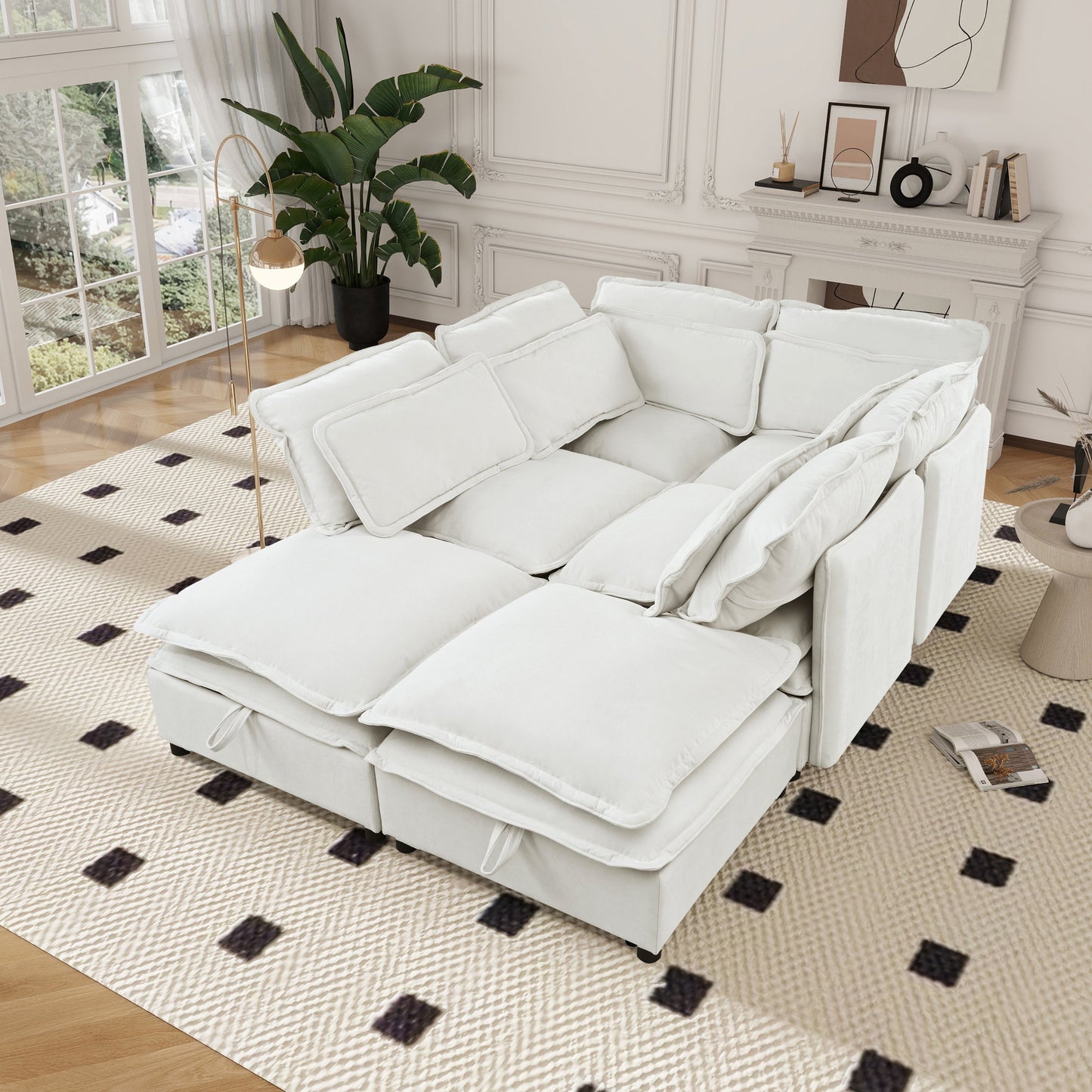 Double-Layer Cushion Modern Large U-Shaped Modular Sofa, Freely Combinable 6-Seater With Storage Function, Convertible