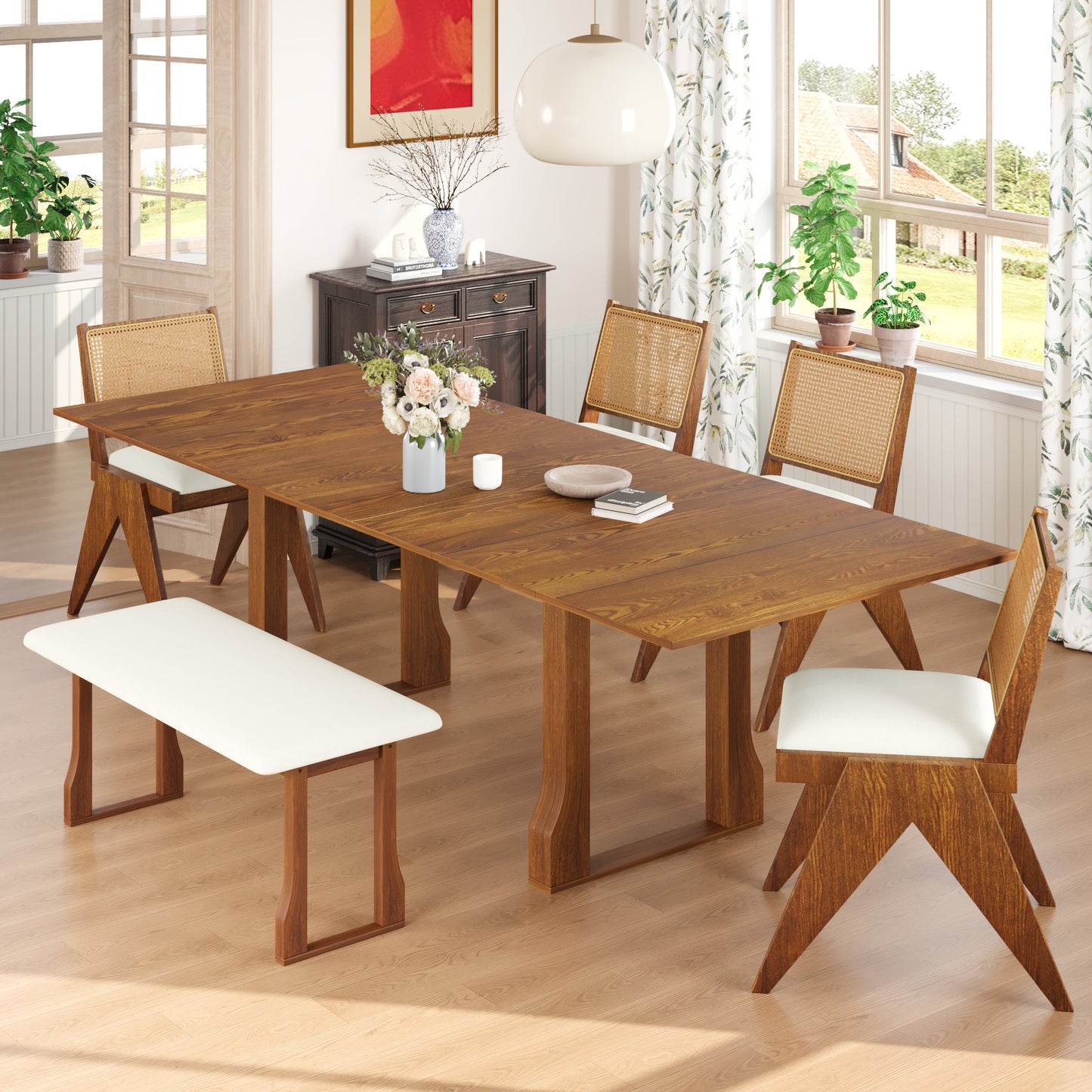 Modern 6-Piece 82.7inch Extendable Dining Table Set With 4 Wicker Back Upholstered Dining Chairs and Long Bench