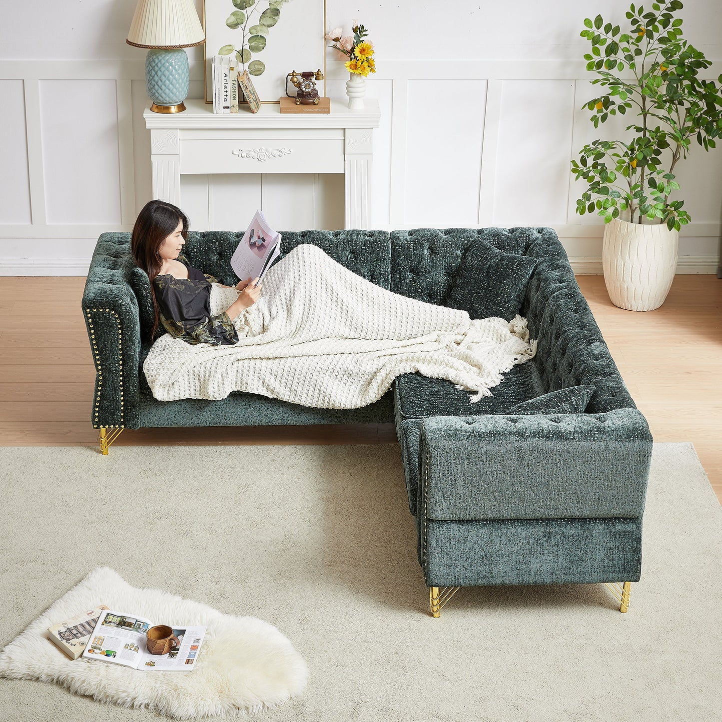 81.5-Inch Chenille Corner Sofa , L-Shaped Sectional Couch, 5-Seater Corner Sofas With 3 Cushions for Living Room, Bedroom