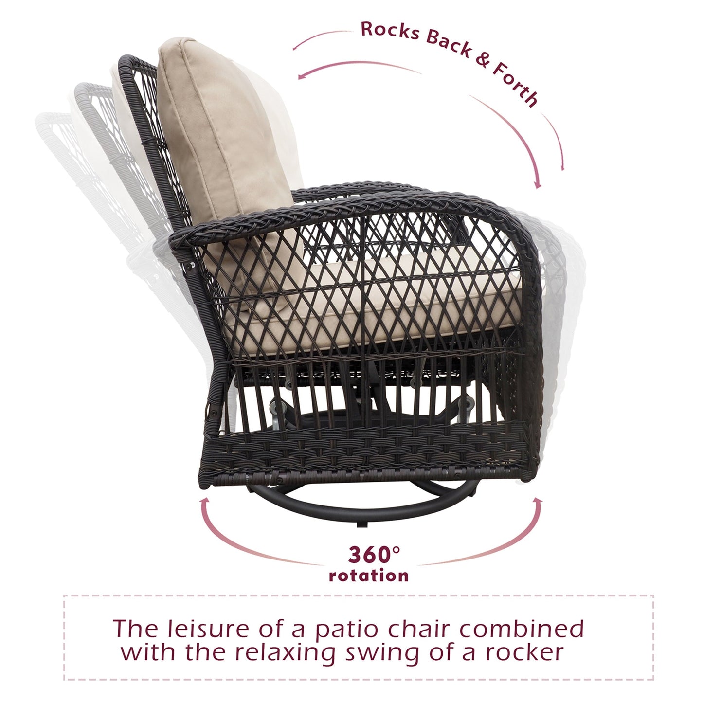360-Degree Patio Wicker Swivel Rocker Chairs Set; Outdoor Rattan Rocking Bistro Sets With Cushions and Table