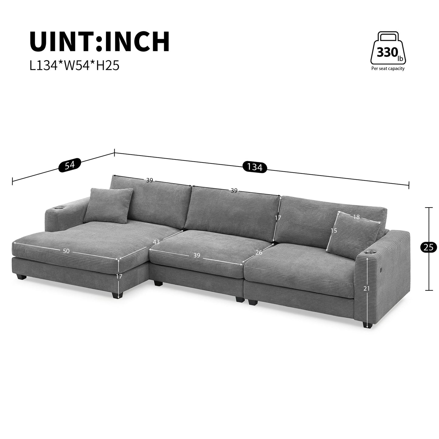134*54"Oversized Corduroy Sectional Sofa,L Shaped Cloud Couch With USB Charging Port,Cup Holder,Deep Seat Sofa Bed