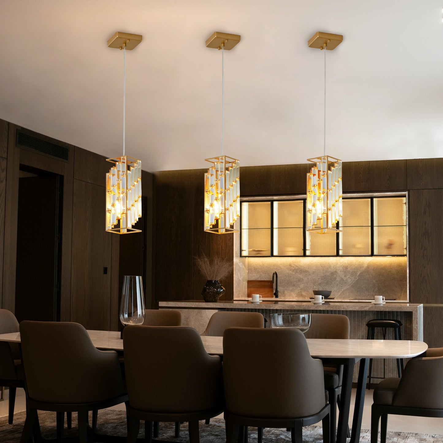 Modern Crystal Pendant Light - 3 Pack, Adjustable Hanging Ceiling Lamp With Crystal Prism Design for Dining Room