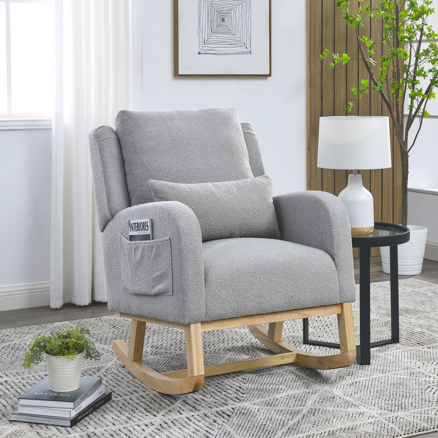 27.5 "W Modern Accent High Back Living Room Casual Armchair Rocker With One Lumbar Pillow, Two Side Pockets