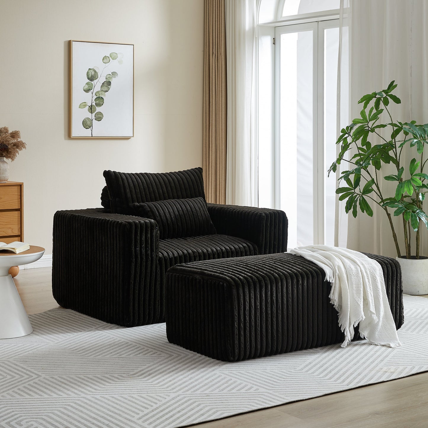 62.5-Inch Corduroy Sponge Sofa Lounge Chair With Removable Footrest,No Assembly Required,Fluffy Modern Sleeper Chair