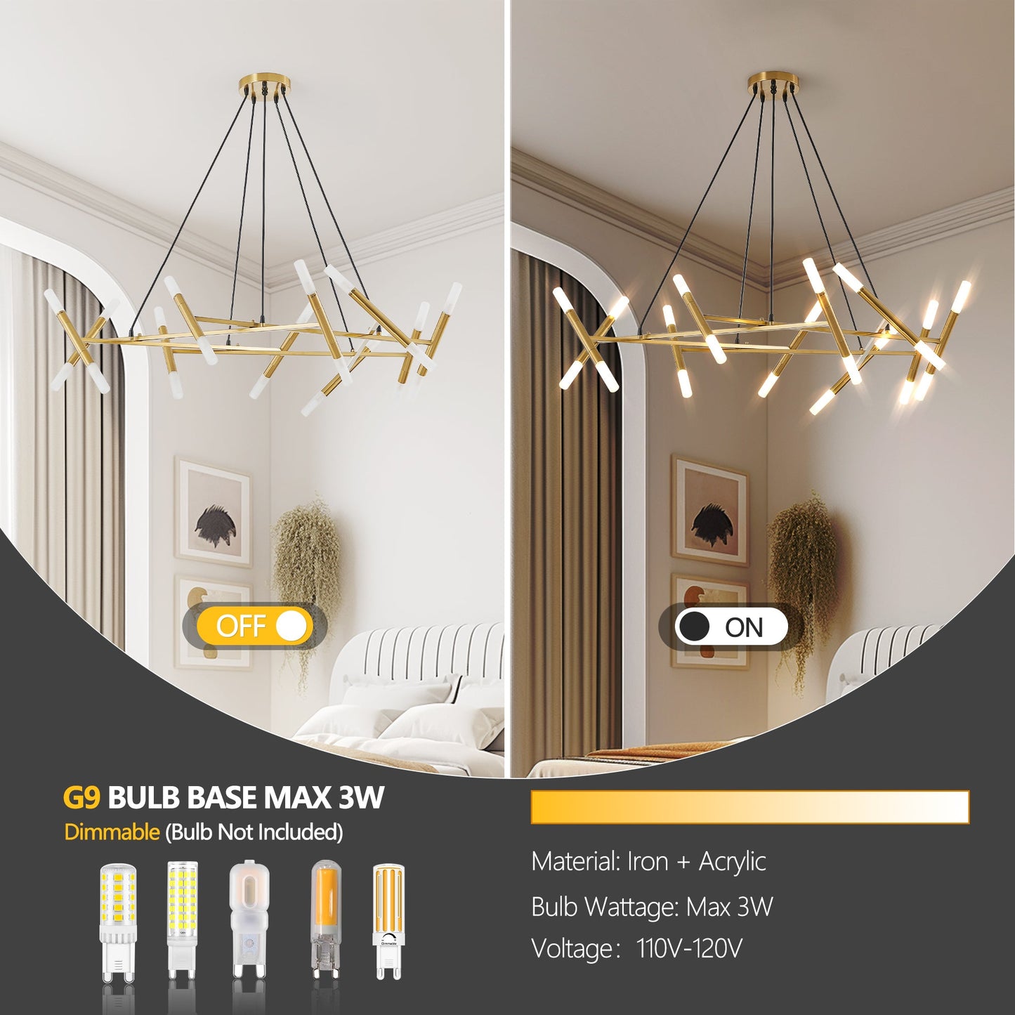 Golden Modern Chandelier Light Fixture, Branch Design With Frosted Tubes, Black Cords, Adjustable Height Pendant Light