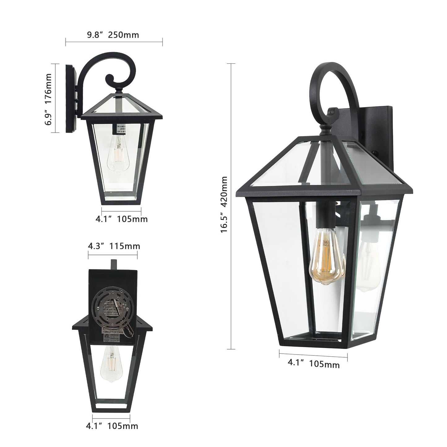 2-Pack Outdoor Wall Lanterns, Black Finish Weatherproof Wall Sconce With Clear Glass Panels, Vintage Exterior Light