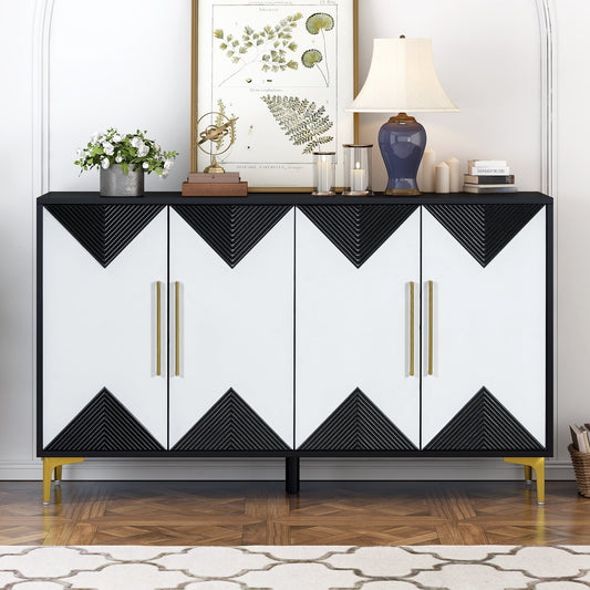 Unique Features of a Four-Door Cabinet With Two-Tone Triangular Pattern Doors, Suitable for Entryway, Hallway