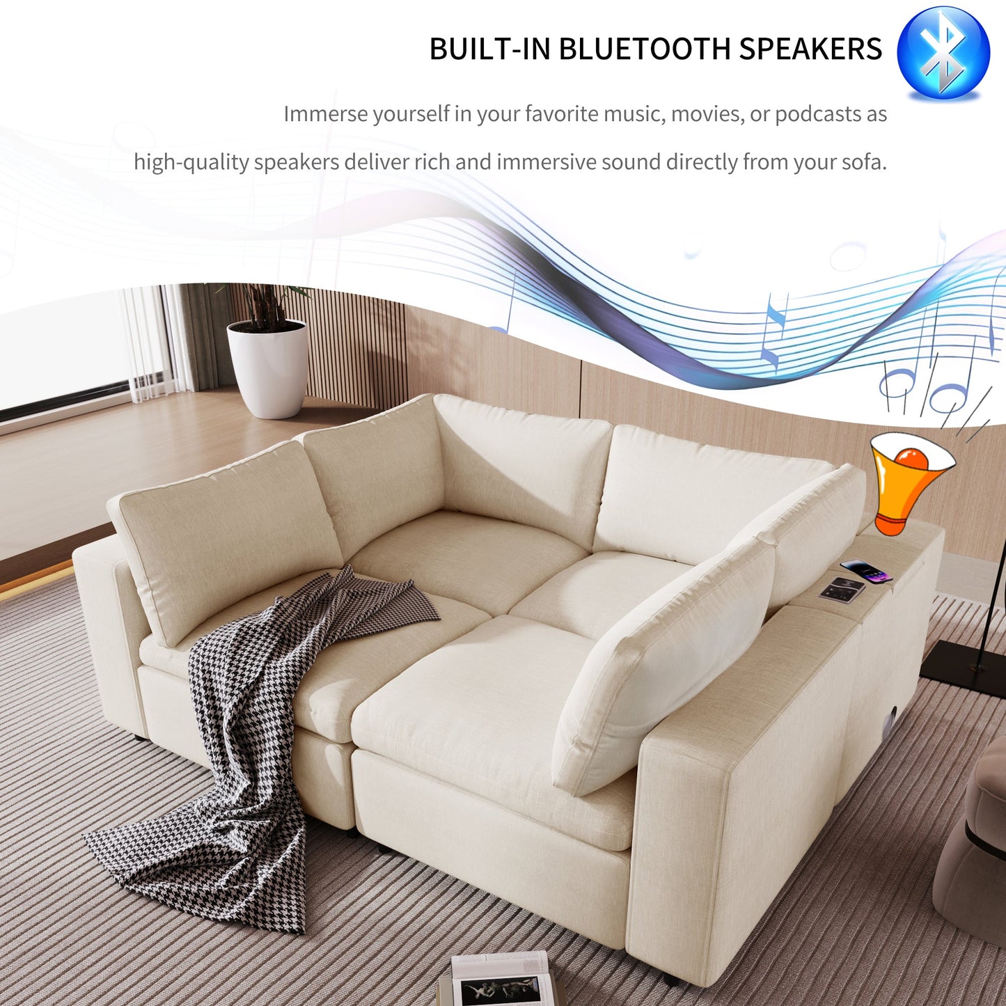 Upholstered Modular Sofa With  With Storage Space, USB Charge Ports,Wireless Charging and Built-In Bluetooth Speaker