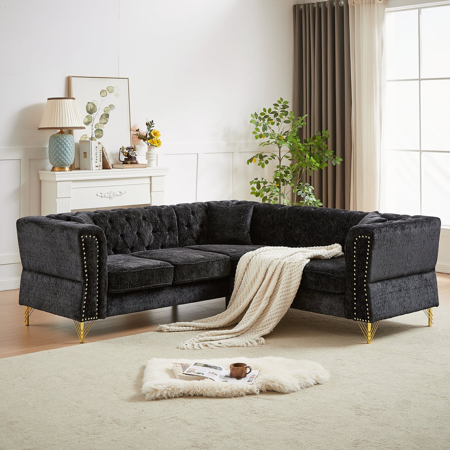 81.5-Inch Chenille Corner Sofa , L-Shaped Sectional Couch, 5-Seater Corner Sofas With 3 Cushions for Living Room, Bedroom