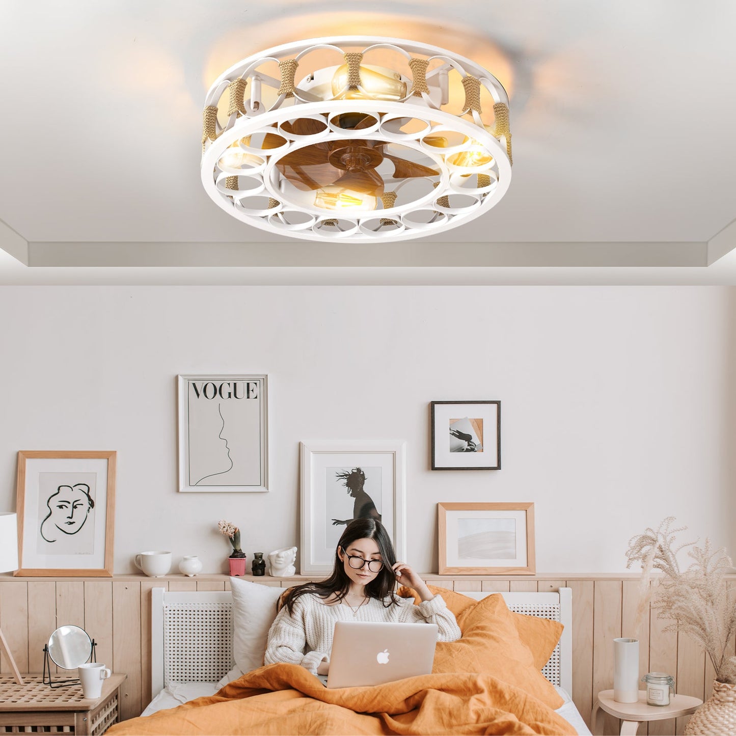 Caged Ceiling Fan With Lights Remote Control,Semi -Embedded Modern Ceiling Fans, 6 Speeds Reversible Blades, 4 LED Bulbs