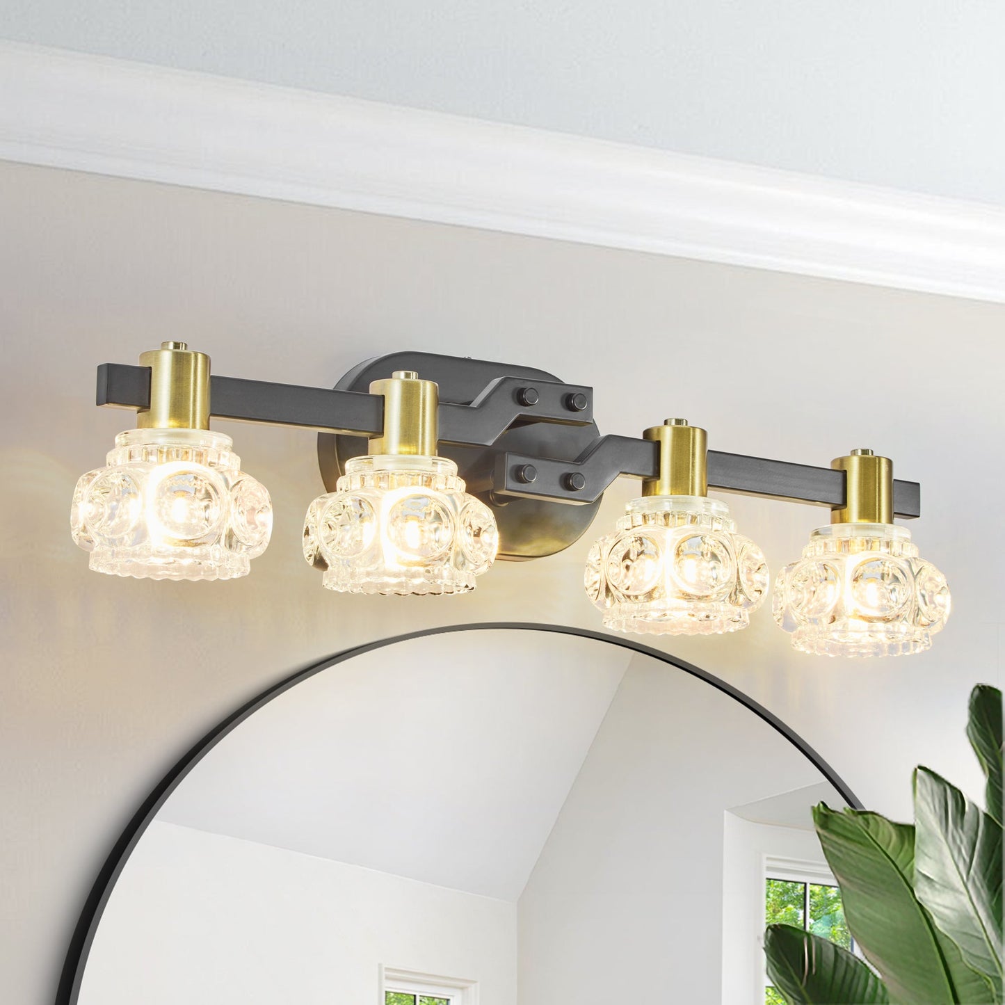 Vintage 4-Light Wall Sconce With Clear Crystal Shades, Black Iron Finish Vanity Light Fixture for Bathroom or Hallway