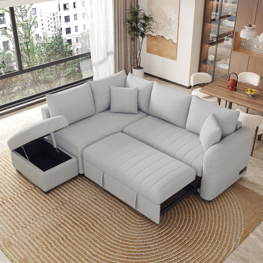 82.6" L-Shaped Sectional Pull Out Sofa Bed Sleeper Sofa With Two USB Ports, Two Power Sockets