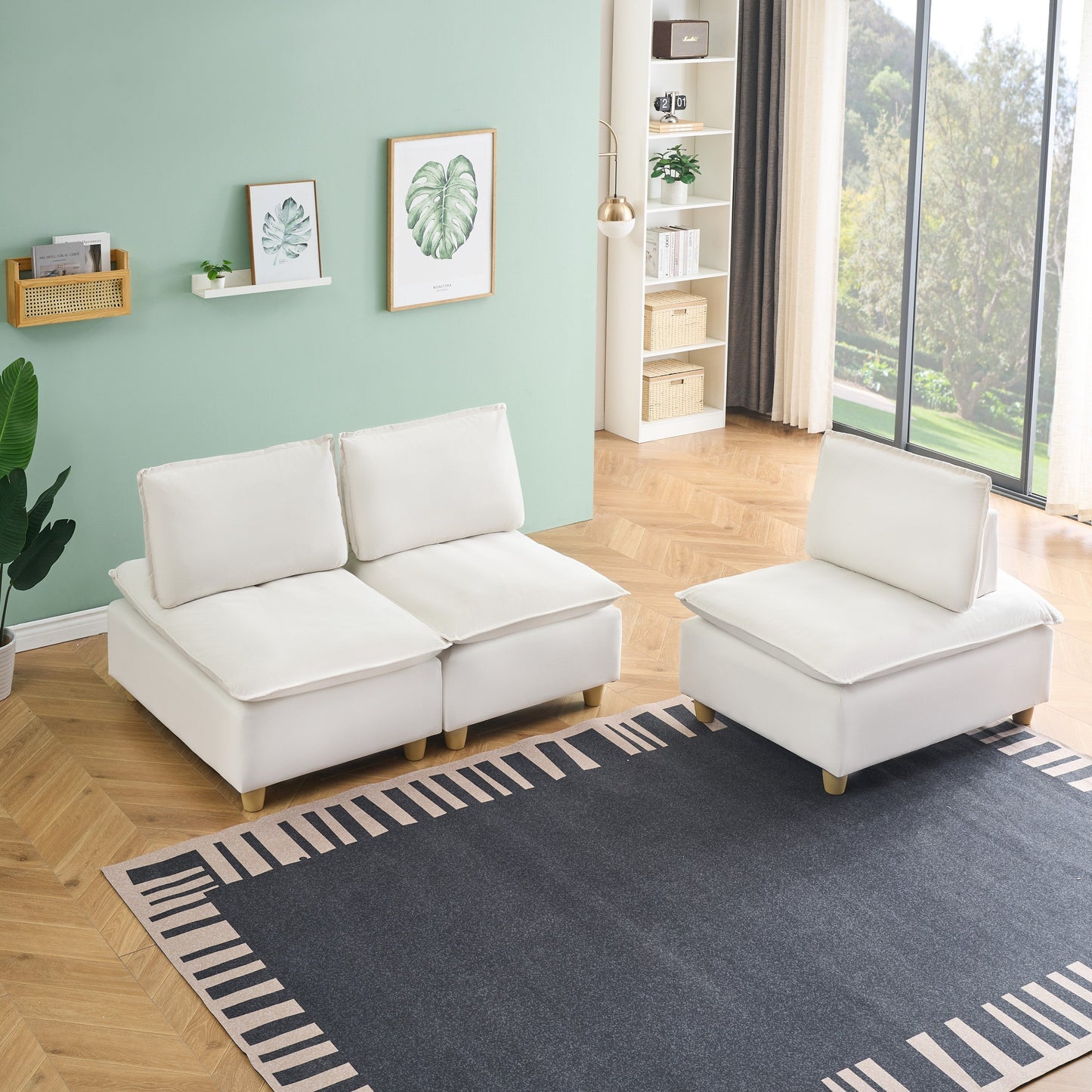 88-Inch Simple, Modern and Ultra-Comfortable Straight-Row Three-Seater Off-White Flannel Sofa Is Suitable for Living Room