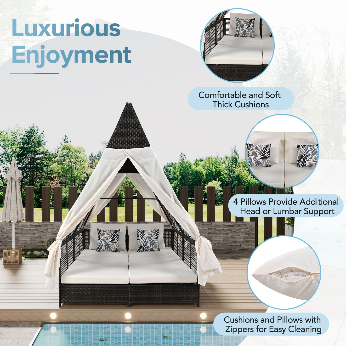 Outdoor Daybed Patio Lounge Bed With Adjustable Backrest Outdoor