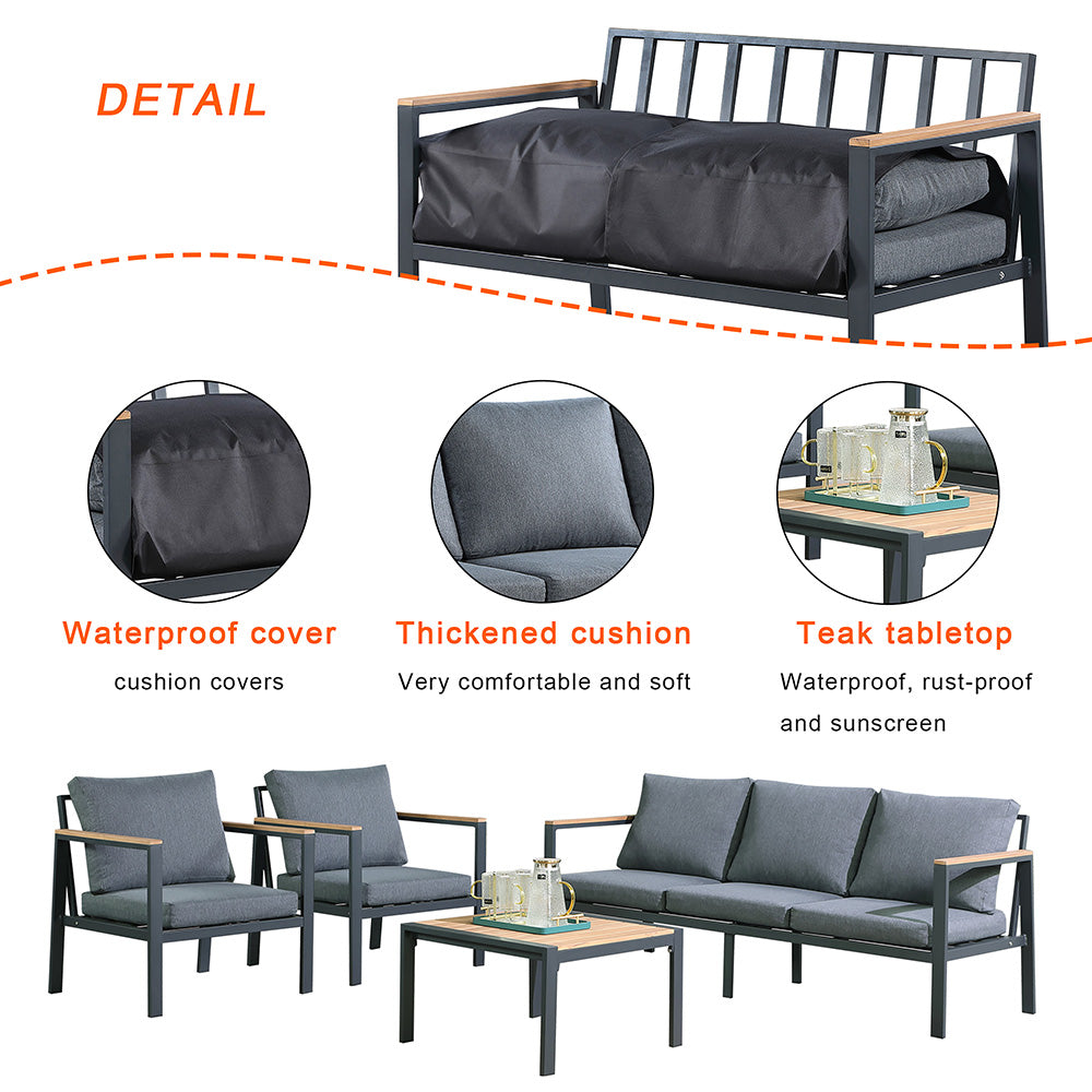 Rossio Outdoor 4 Piece Conversation Set, Matte Charcoal Aluminum Frame, Waterproof Fabric Cover