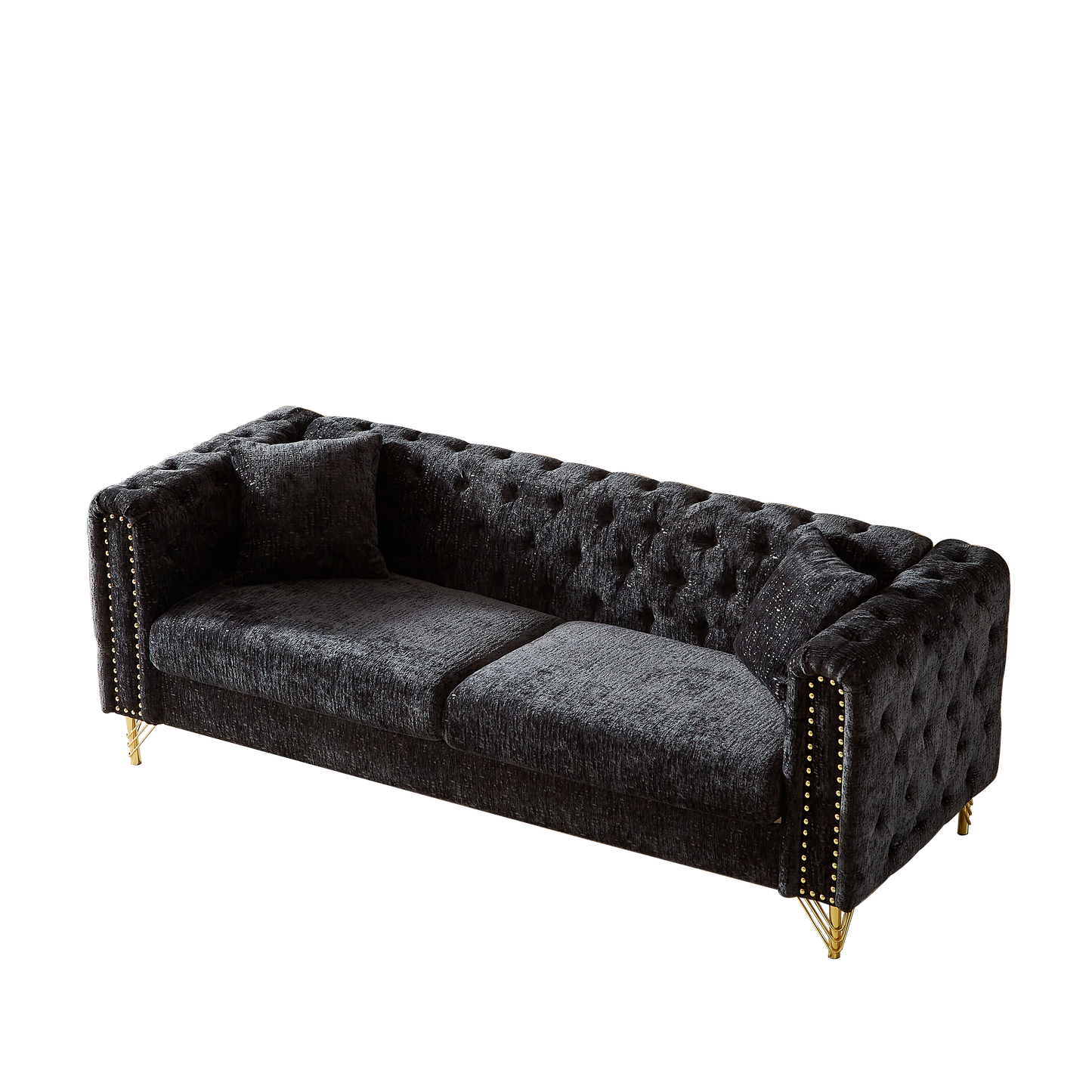 82-Inch Chenille Pull Buckle Design Sofa for Living Room,Buttons Tufted With Copper Nail Decoration Armrest, Modern Couch