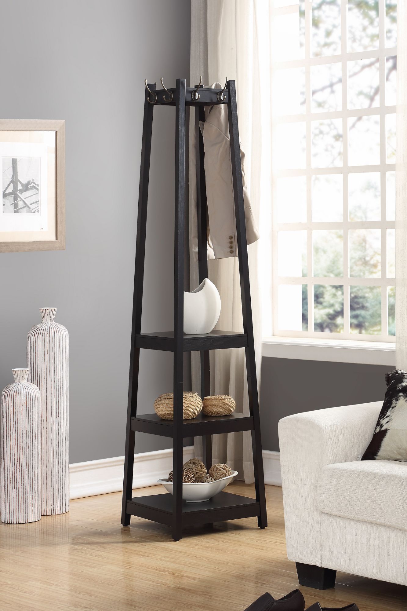 Vassen Coat Rack W/ 3-Tier Storage Shelves in Black Finish