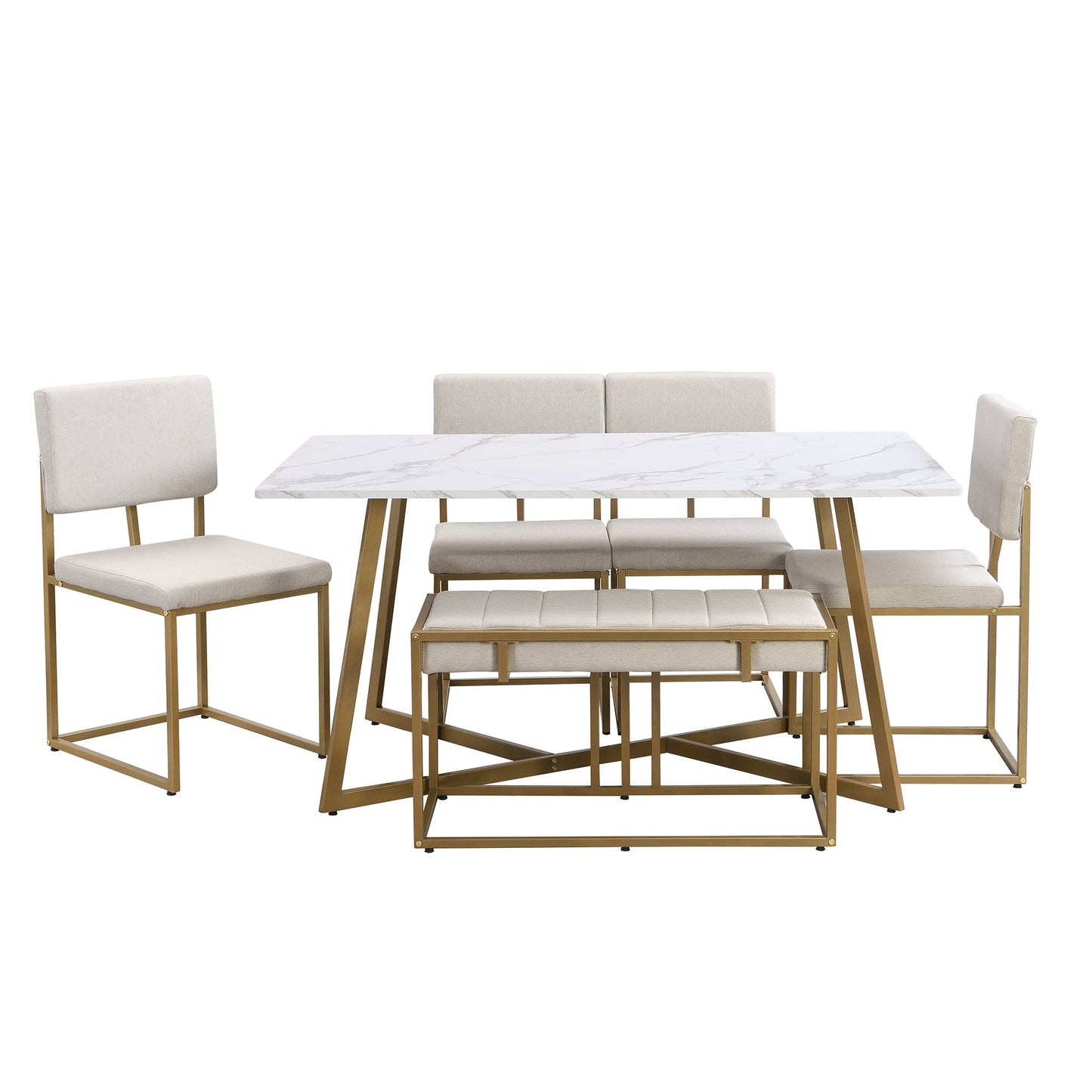 Modern Faux Marble 6-Piece Dining Table Set,60inch Metal Kitchen Table Set With Upholstered Dining Chairs and Bench