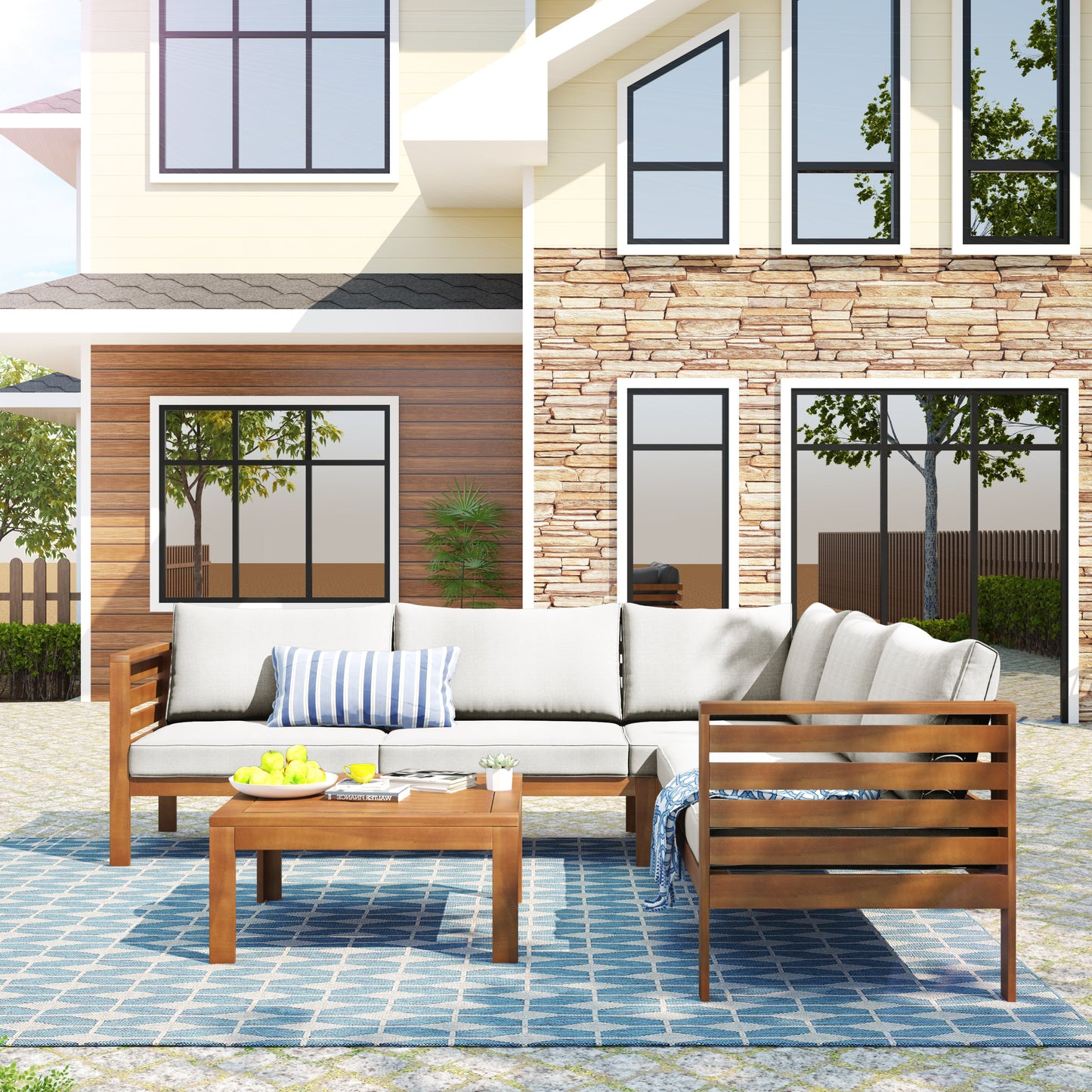 Wood Structure Outdoor Sofa Set With Beige Cushions Exotic Design Water-Resistant and UV Protected Texture High Quality