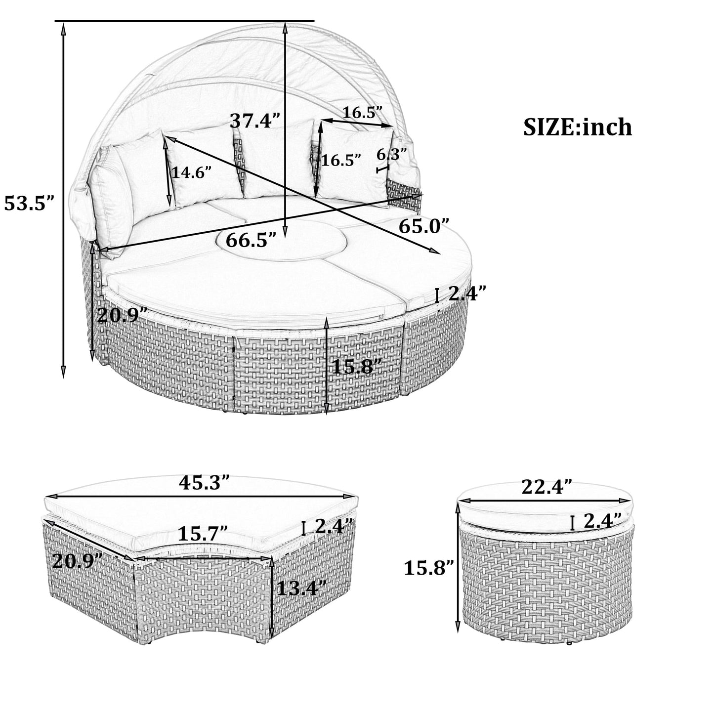 Patio Furniture Round Outdoor Sectional Sofa Set Rattan Daybed Two-Tone Weave Sunbed With Retractable Canopy
