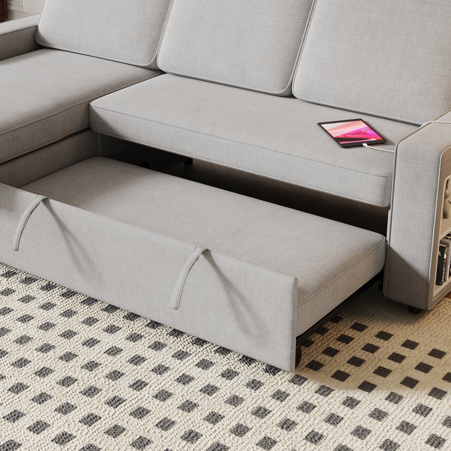 85.8" Pull Out Sleeper Sofa L-Shaped Couch Convertible Sofa Bed With Storage Chaise and Storage Racks,With USB Port