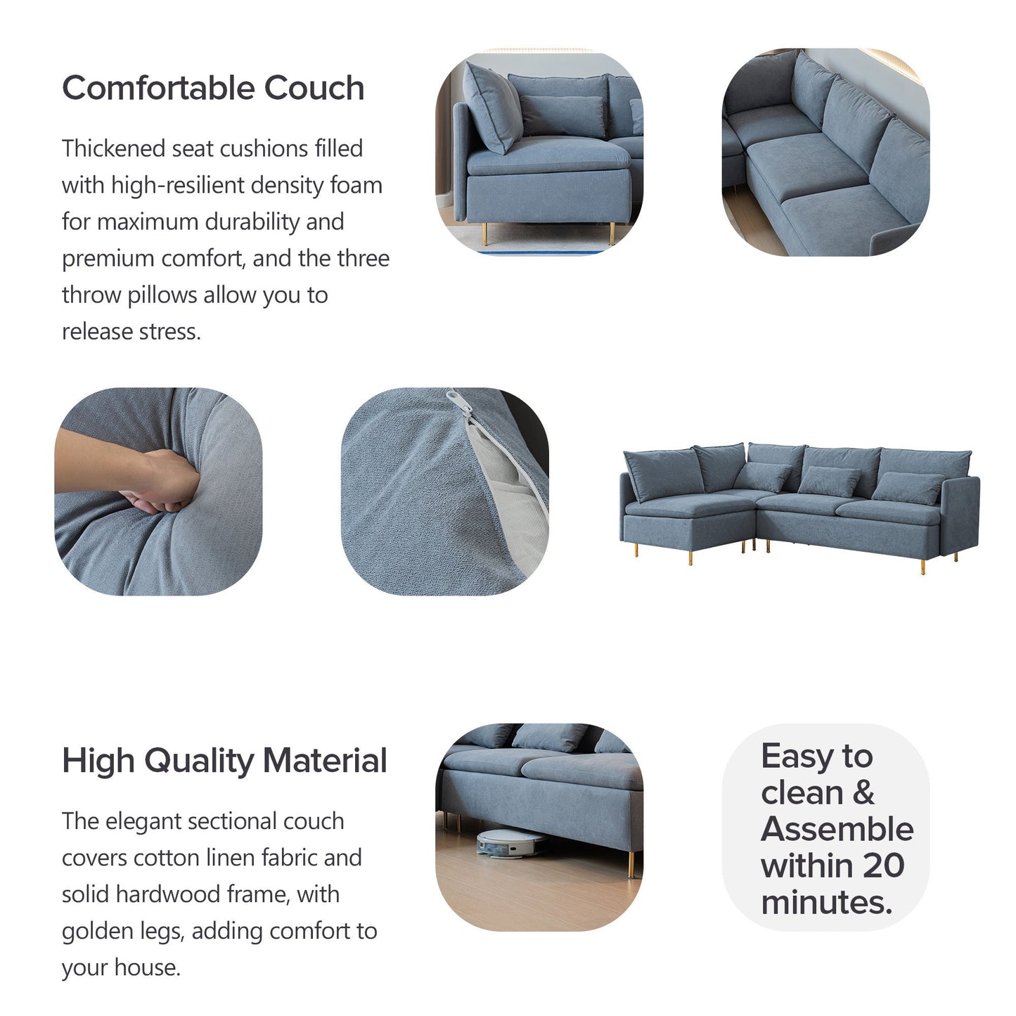 Modular L-Shaped Corner Sofa, Movable Chaise Facing Left/Right, Grey Cotton