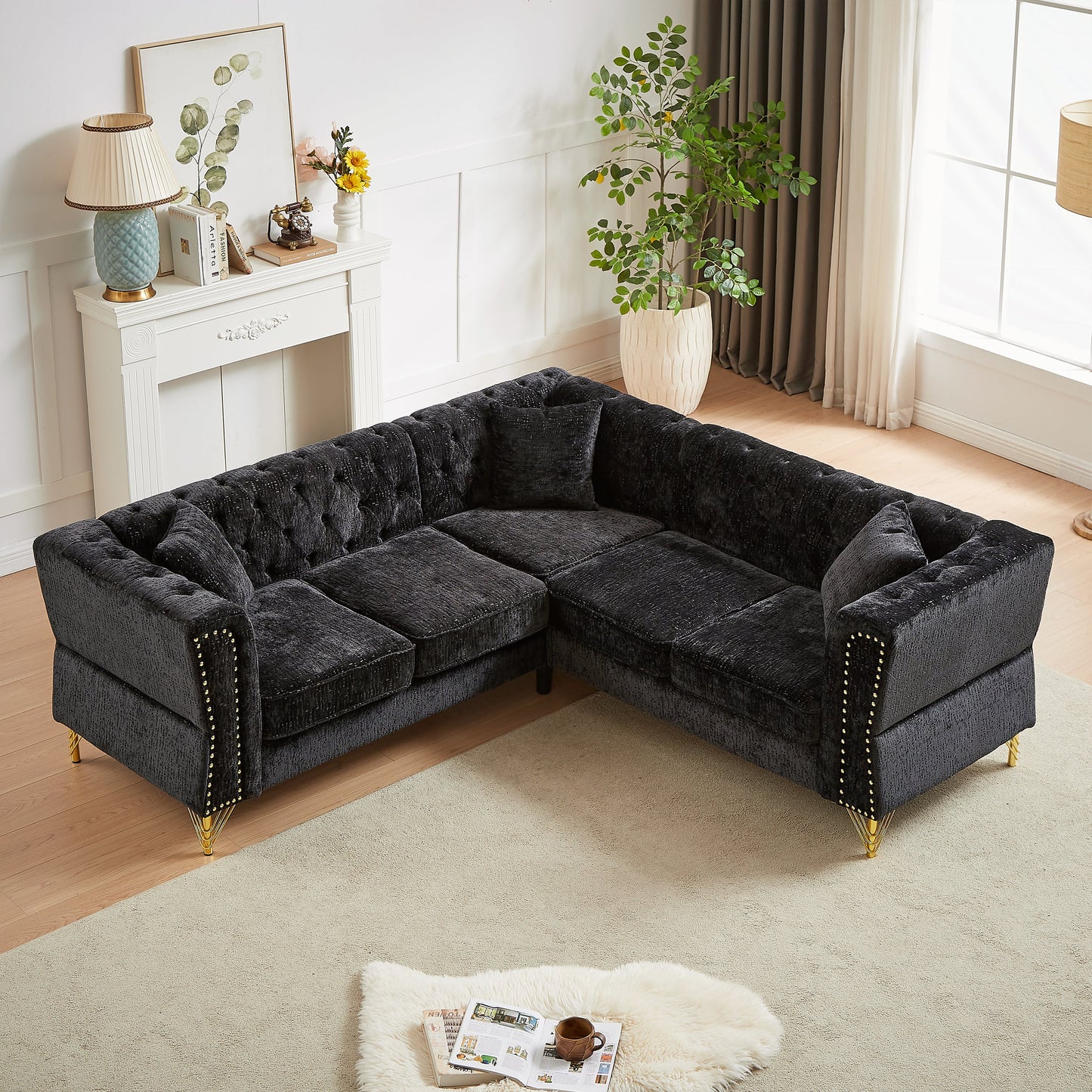 81.5-Inch Chenille Corner Sofa , L-Shaped Sectional Couch, 5-Seater Corner Sofas With 3 Cushions for Living Room, Bedroom
